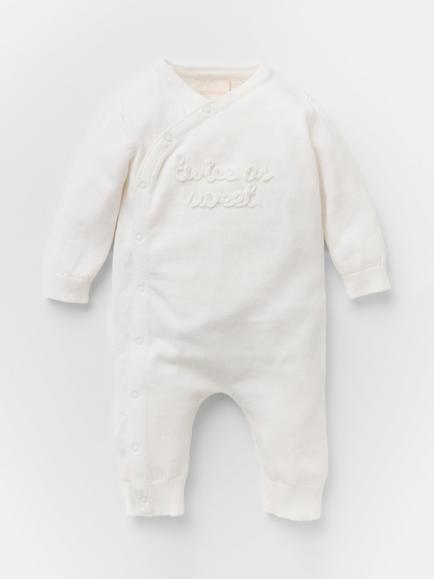 Oat & Marl Baby Twice As Sweet Applique Sleepsuit, Pure White, Pure White