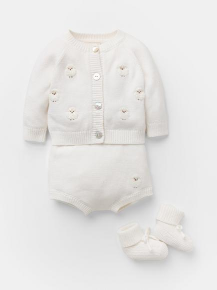 Oat & Marl Baby Little Lambs Cardigan and Short Set, Pure White, Pure White
