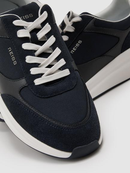 Reiss Hudson Leather Trainers, Dark Navy - view 2, Dark Navy