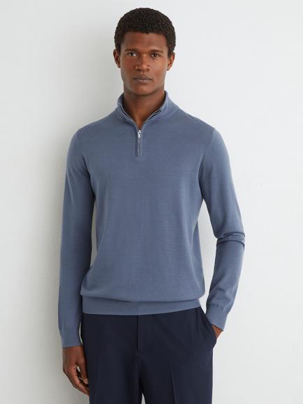Reiss Blackhall Merino Wool Half Zip Funnel Neck Jumper, Blue/Oatmeal, Blue/Oatmeal