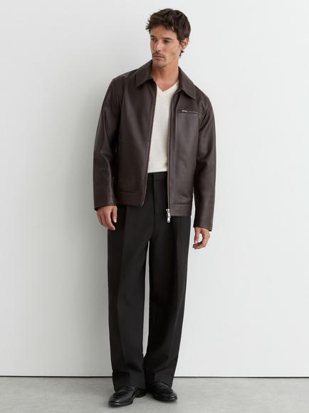 Reiss Strader Leather Biker Jacket, Black, Brown