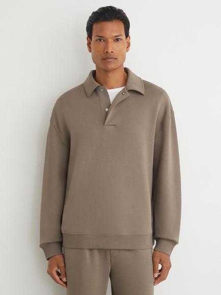 Reiss Brooks Premium Interlock Relaxed Polo Sweatshirt, Mushroom Brown, Mushroom Brown