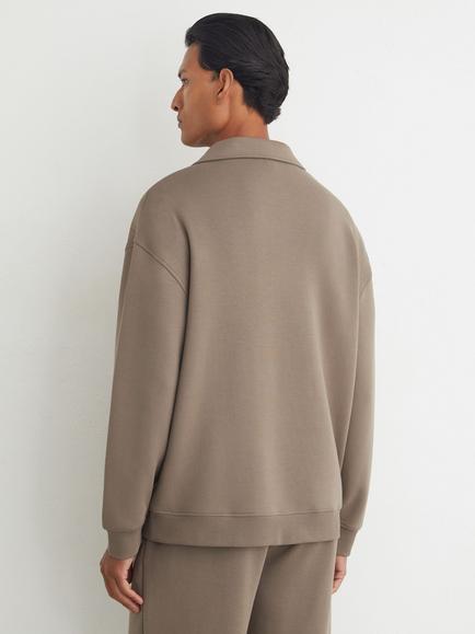 Reiss Brooks Premium Interlock Relaxed Polo Sweatshirt, Mushroom Brown - view 2, Mushroom Brown