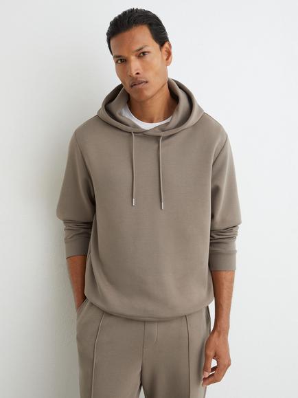 Reiss Dane Premium Interlock Hoodie, Mushroom Brown