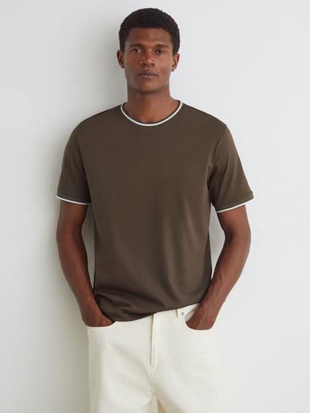 Reiss Ainsley Cotton Contrast Piping Crew Neck T-Shirt, Taupe Brown