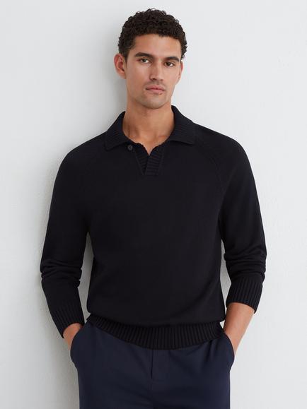 Reiss Ashdown Long Sleeve Cotton Polo Shirt, Navy, Navy