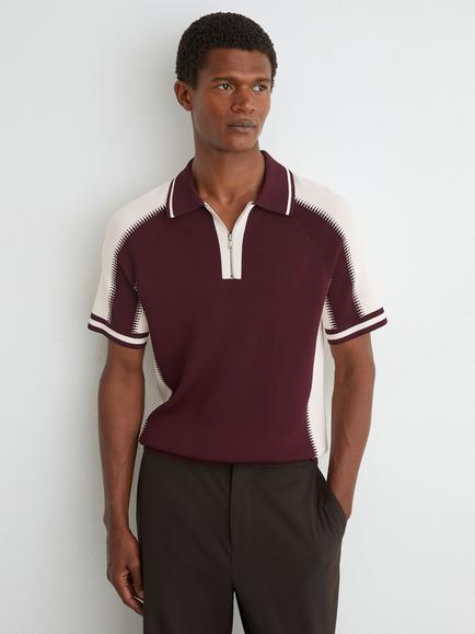 Reiss Elmers Colour Block Half Zip Short Sleeve Knit Polo Shirt, Bordeaux/Ecru