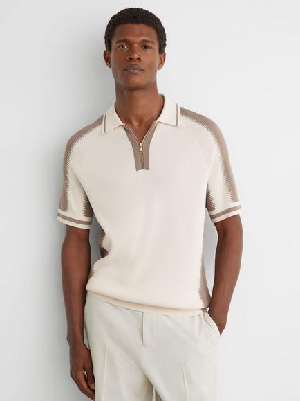 Reiss Elmers Colour Block Half Zip Short Sleeve Knit Polo Shirt, Ecru/Taupe