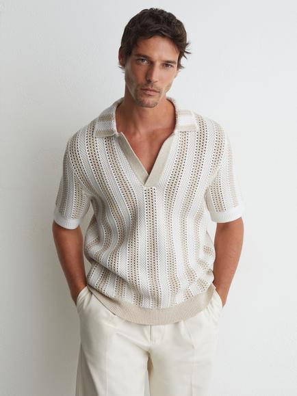Reiss Globe Striped Knit Regular Fit Polo Shirt, Stone/White, Stone/White