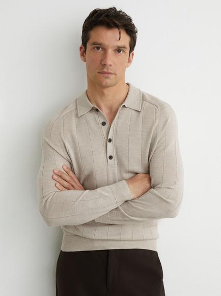 Reiss Greyson Wool Polo Shirt, Dark Green, Stone Mouline