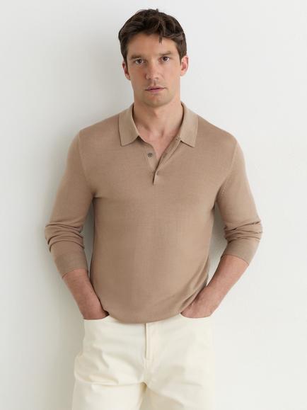 Reiss Jay Long Sleeve Wool Polo Shirt, Taupe Brown, Taupe Brown