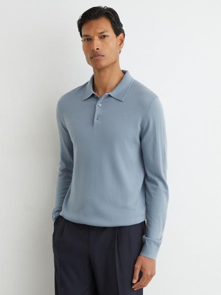 Reiss Trafford Merino Wool Long Sleeve Polo Shirt, Armour Blue, Armour Blue