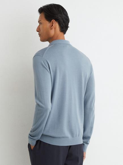 Reiss Trafford Merino Wool Long Sleeve Polo Shirt, Armour Blue - view 2, Armour Blue
