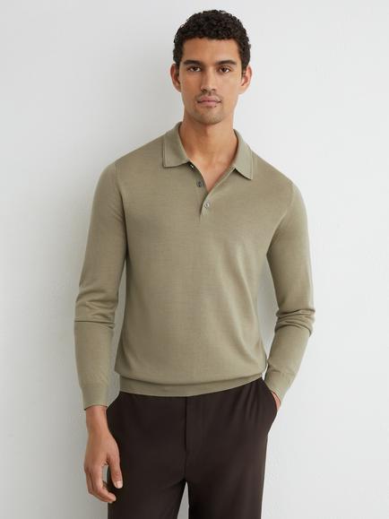 Reiss Trafford Wool Regular Fit Long Sleeve Polo Shirt, Soft Olive Green, Soft Olive Green
