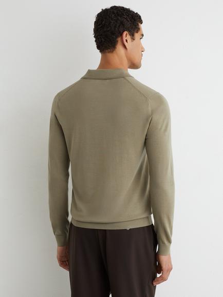 Reiss Trafford Wool Regular Fit Long Sleeve Polo Shirt, Soft Olive Green - view 2, Soft Olive Green