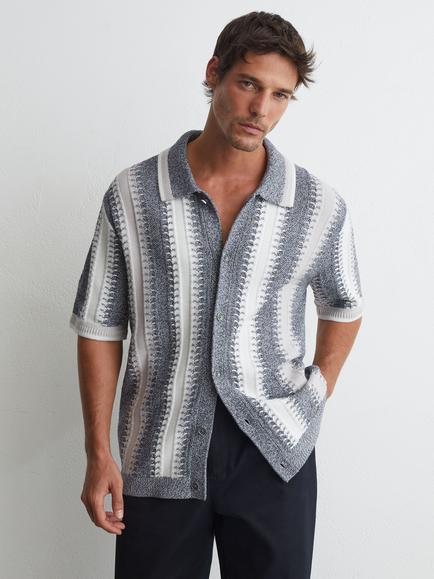 Reiss Dale Stitch Detail Stripe Knit Short Sleeve Shirt, Soft Blue/White, Soft Blue/White