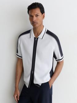 Reiss Kenley Zip Front Short Sleeve Shirt, Optic White/Navy, Optic White/Navy