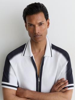 Reiss Kenley Zip Front Short Sleeve Shirt, Optic White/Navy - view 2, Optic White/Navy