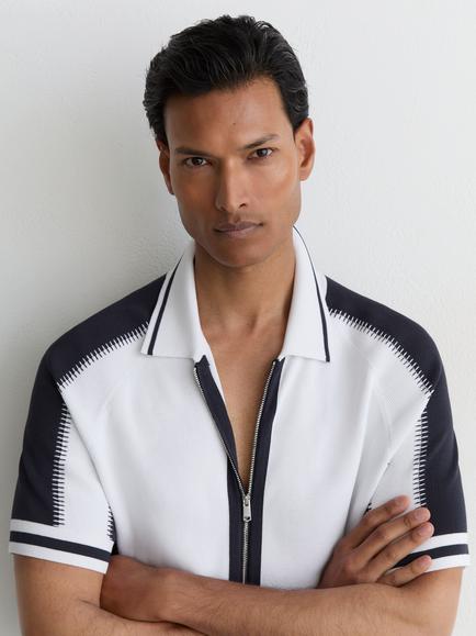 Reiss Kenley Zip Front Short Sleeve Shirt, Optic White/Navy - view 2, Optic White/Navy
