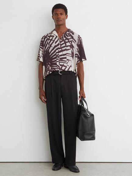 Reiss Shindora Cuban Collar Leaf Print Short Sleeve Shirt, Bordeaux, Bordeaux