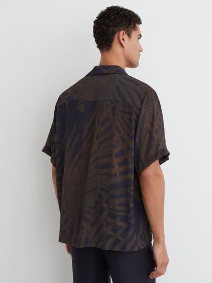 Reiss Shindora Cuban Collar Abstract Short Sleeve Shirt, Navy/Brown - view 2, Navy/Brown