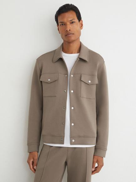 Reiss Thom Premium Interlock Twin Pocket Overshirt, Mushroom Brown, Mushroom Brown