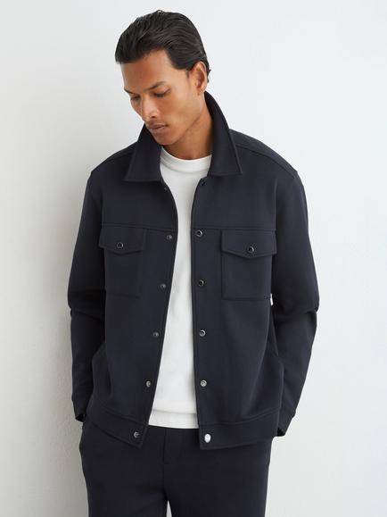 Reiss Thom Premium Interlock Twin Pocket Overshirt, Navy, Navy