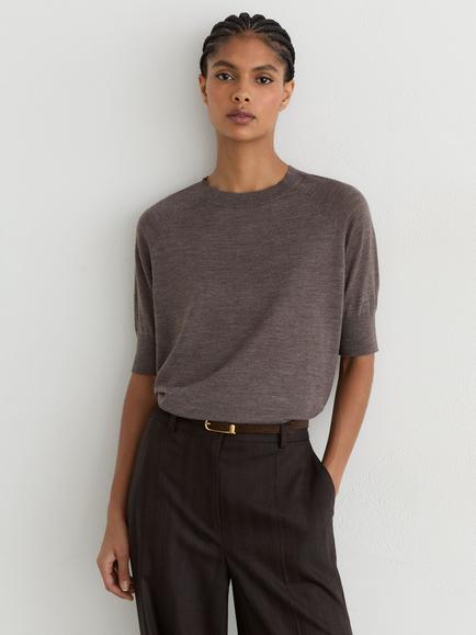 Reiss Suzzie Wool Crew Neck Top, Mocha Brown, Mocha Brown