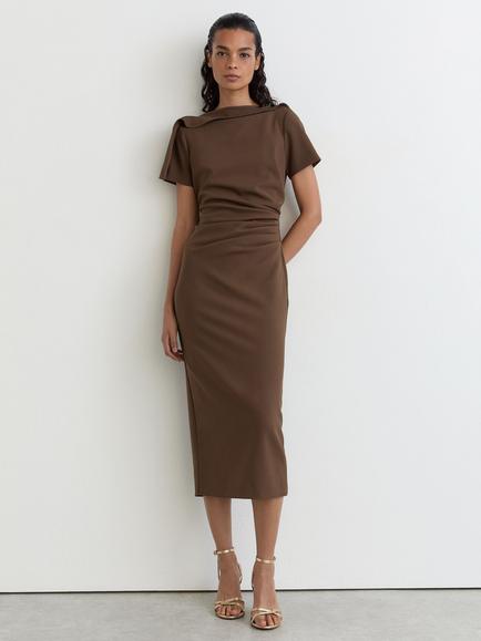 Reiss Hilary Ruched Detail Midi Dress, Mocha Brown, Mocha Brown