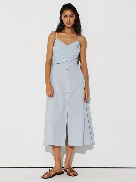 Reiss Karlie Textured Linen Blend Button Through Dress, Pale Blue, Pale Blue