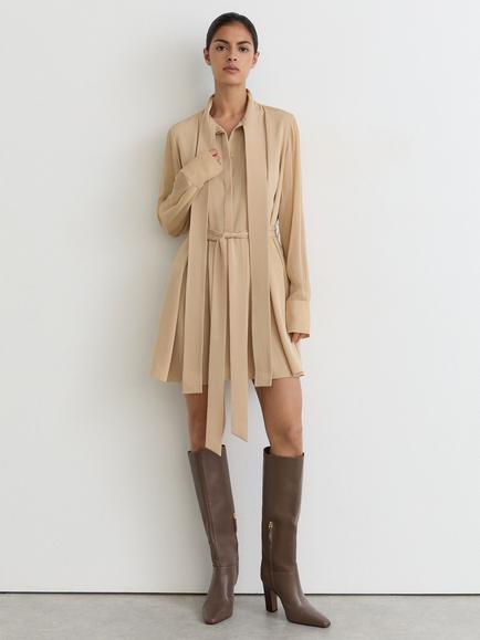 Reiss Tie Neck Detail Mini Dress, Cream, Cream