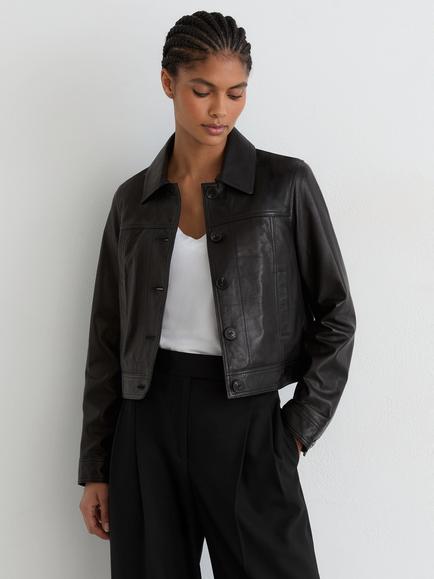 Reiss Callie Leather Trucker Jacket, Black, Black