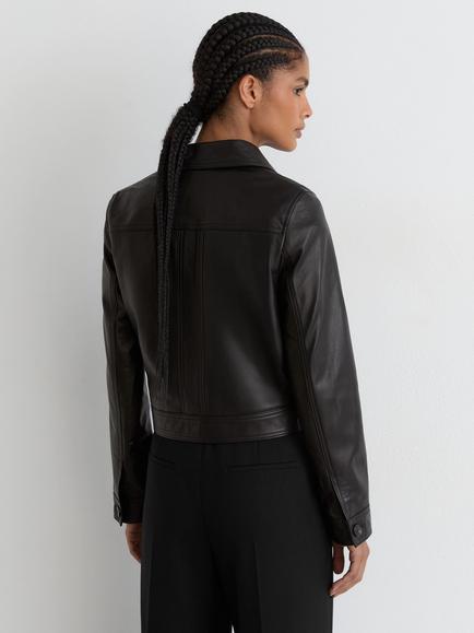 Reiss Callie Leather Trucker Jacket, Black - view 2, Black
