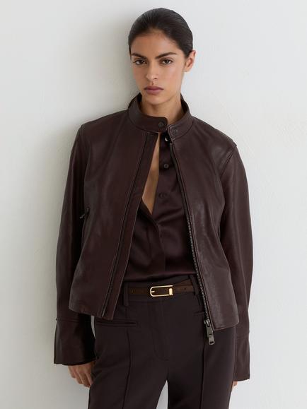 Reiss Erin Collarless Leather Jacket, Burgundy, Burgundy