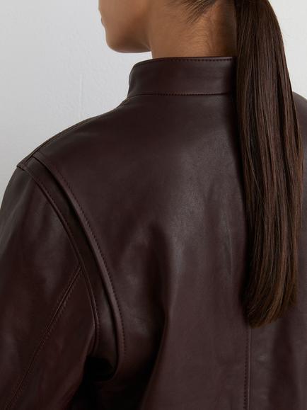 Reiss Erin Collarless Leather Jacket, Burgundy - view 2, Burgundy