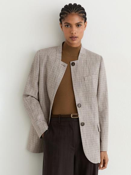Reiss Gia Collarless Check Jacket, Neutral Check, Neutral Check