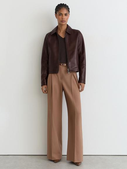 Reiss Sorina Zip Through Leather Jacket, Chocolate Brown - view 2, Chocolate Brown