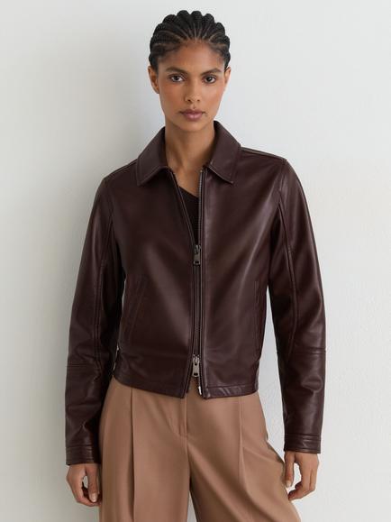 Reiss Sorina Leather Jacket, Chocolate Brown, Chocolate Brown