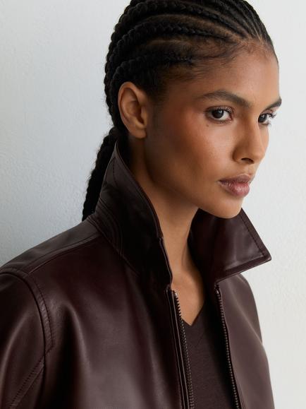 Reiss Sorina Leather Jacket, Chocolate Brown - view 2, Chocolate Brown