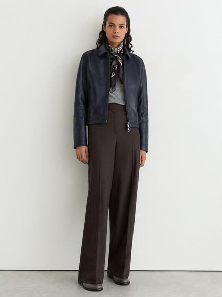 Reiss Sorina Collared Zip Through Leather Jacket, Ink Blue, Ink Blue