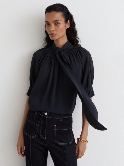 Reiss Lerina Tie Neck Short Sleeve Blouse, Navy, Navy