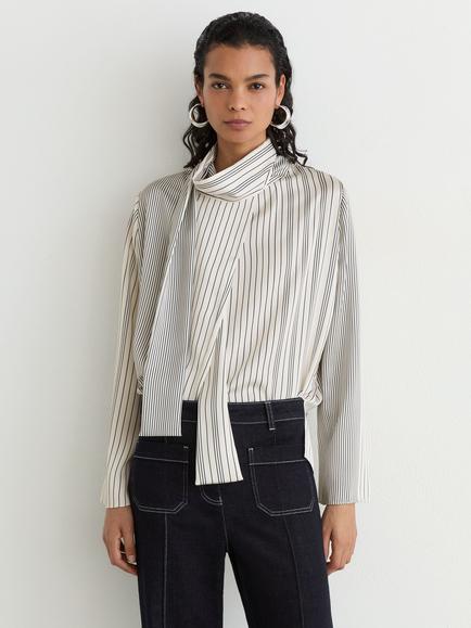 Reiss Rina Stripe Tie Neck Top, Ivory/Navy, Ivory/Navy