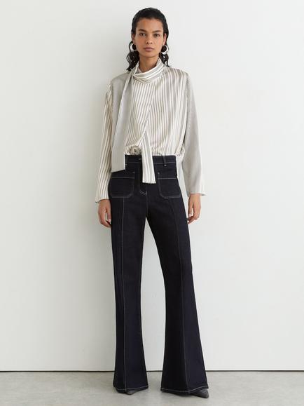 Reiss Rina Stripe Tie Neck Top, Ivory/Navy - view 2, Ivory/Navy