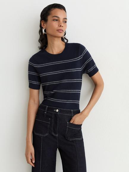 Reiss Sabrina Top Knitted Wool Blend Top, Navy/Grey, Navy/Grey