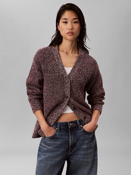 Calvin Klein Chunky Moulin Cotton V-Neck Jumper, Red - view 2, Red