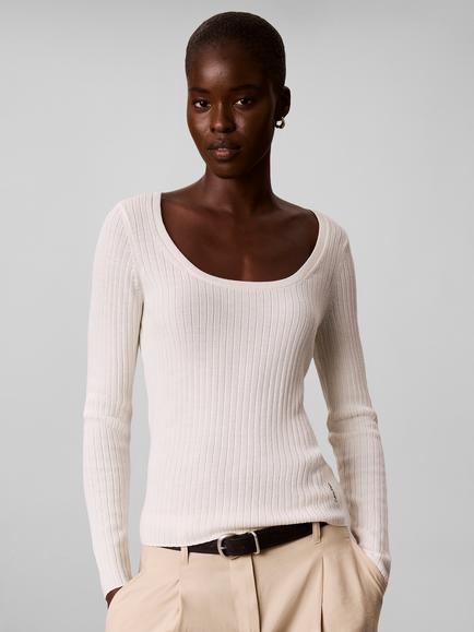 Calvin Klein Slim Fit Merino Wool Ribbed Jumper, White, White