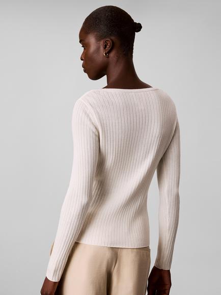 Calvin Klein Slim Fit Merino Wool Ribbed Jumper, White - view 2, White