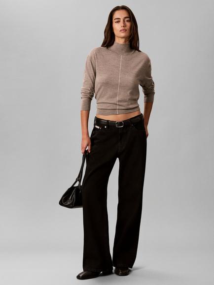 Calvin Klein Merino Wool Blend Turtle-Neck Jumper, Black, Light Brown