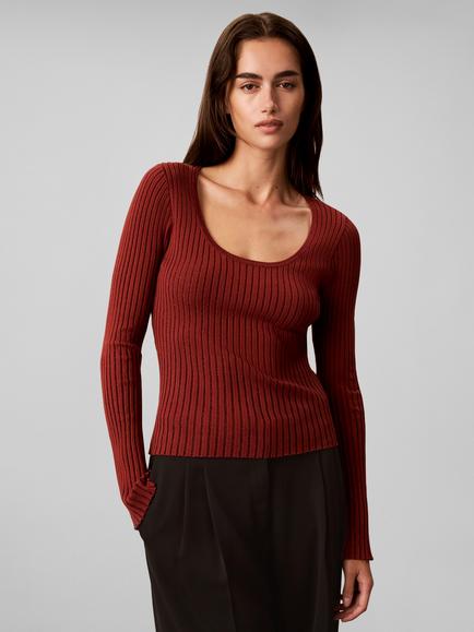 Calvin Klein Slim Shiny Ribbed Jumper, Brown, Brown
