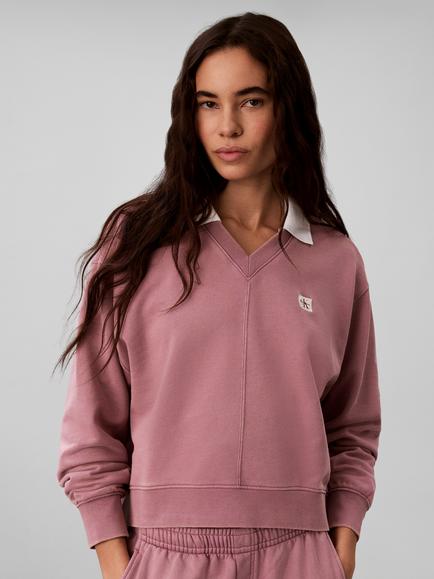 Calvin Klein Woven Terry Cotton Rich V-Neck Jumper, Purple - view 2, Purple